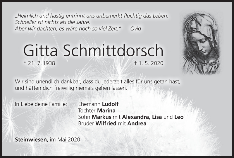  Traueranzeige für Gitta Schmittdorsch vom 06.05.2020 aus MGO
