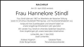 Anzeige von Hannelore Stindl von MGO