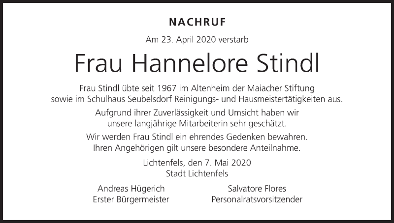  Traueranzeige für Hannelore Stindl vom 08.05.2020 aus MGO