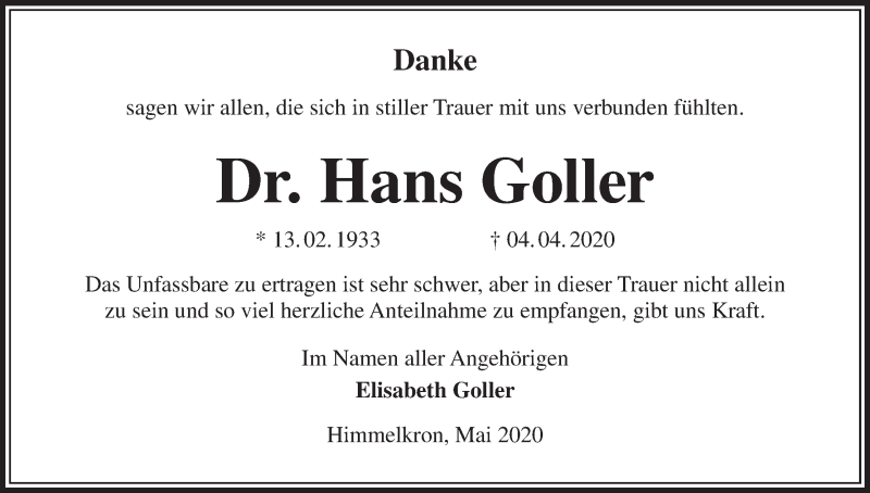  Traueranzeige für Hans Goller vom 01.05.2020 aus MGO