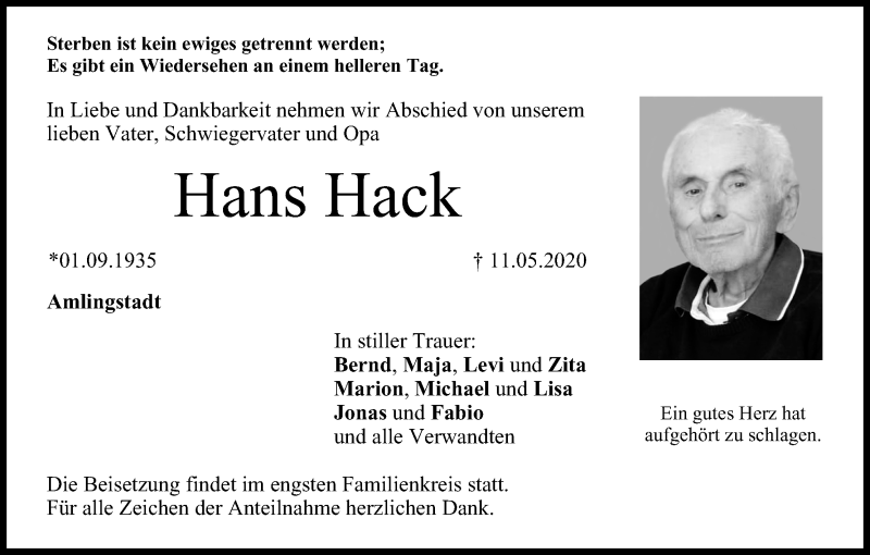 Traueranzeige für Hans Hack vom 13.05.2020 aus MGO
