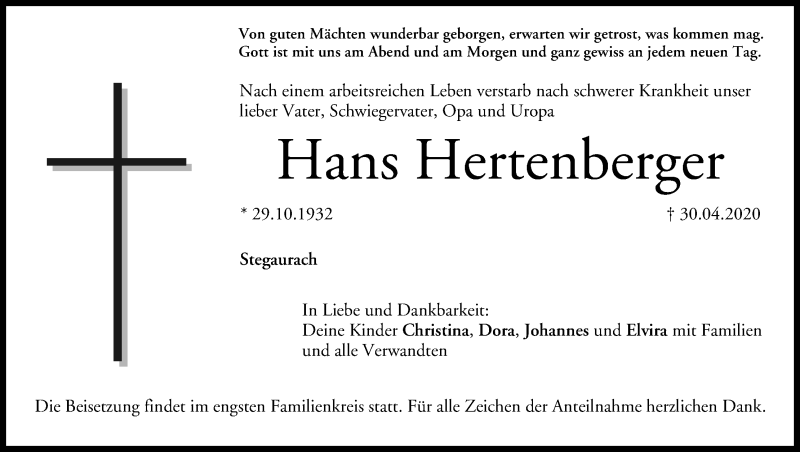  Traueranzeige für Hans Hertenberger vom 09.05.2020 aus MGO
