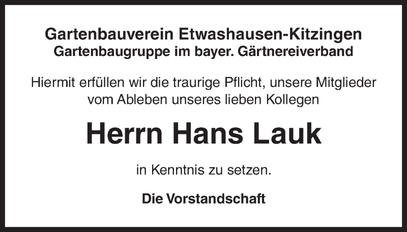  Traueranzeige für Hans Lauk vom 18.05.2020 aus MGO
