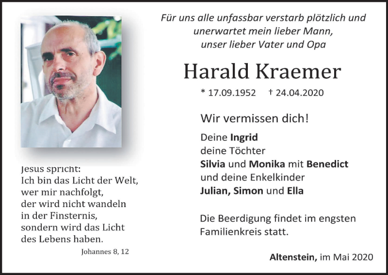  Traueranzeige für Harald Kraemer vom 01.05.2020 aus MGO