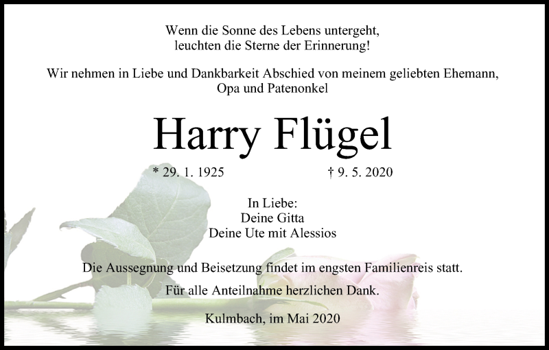  Traueranzeige für Harry Flügel vom 13.05.2020 aus MGO