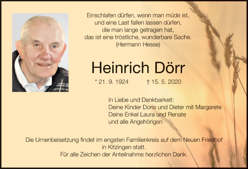  Traueranzeige für Heinrich Dörr vom 23.05.2020 aus MGO