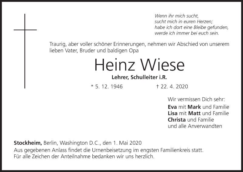 Traueranzeige für Heinz Wiese vom 01.05.2020 aus MGO