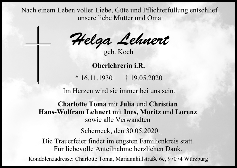  Traueranzeige für Helga Lehnert vom 30.05.2020 aus MGO