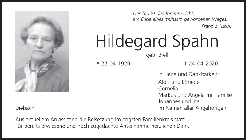  Traueranzeige für Hildegard Spahn vom 09.05.2020 aus MGO