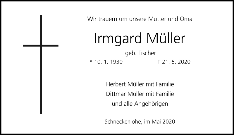  Traueranzeige für Irmgard Müller vom 25.05.2020 aus MGO