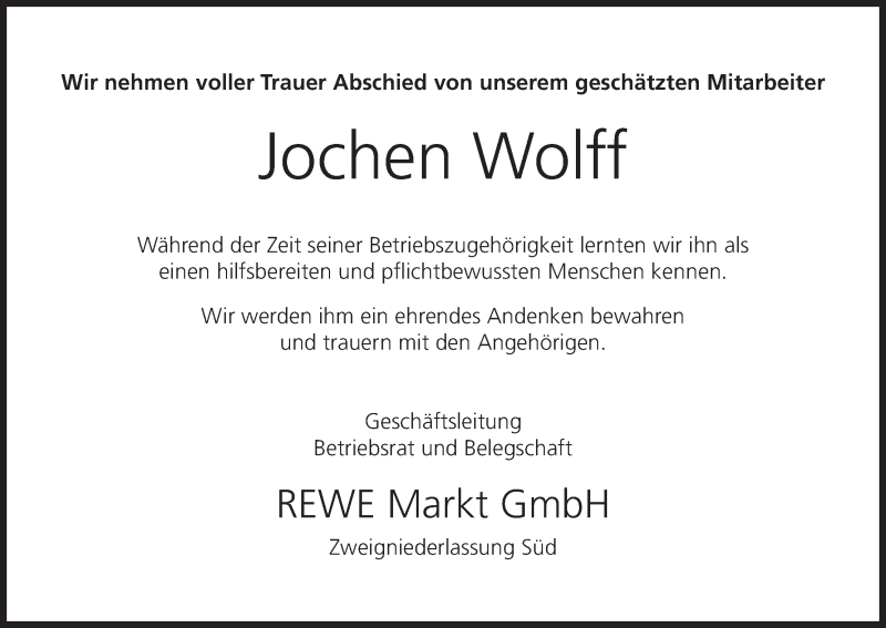  Traueranzeige für Jochen Wolff vom 23.05.2020 aus MGO