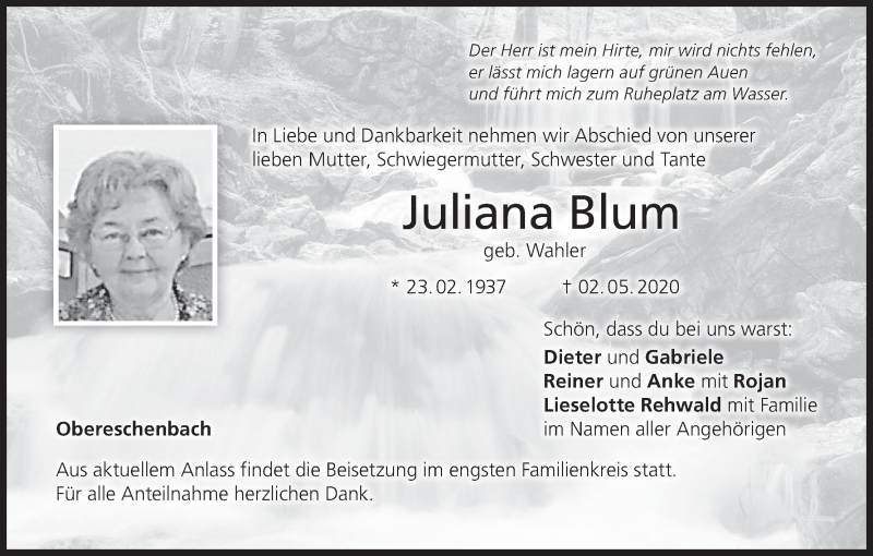  Traueranzeige für Juliana Blum vom 08.05.2020 aus MGO