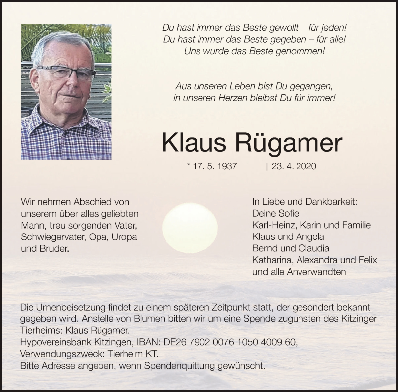  Traueranzeige für Klaus Rügamer vom 02.05.2020 aus MGO