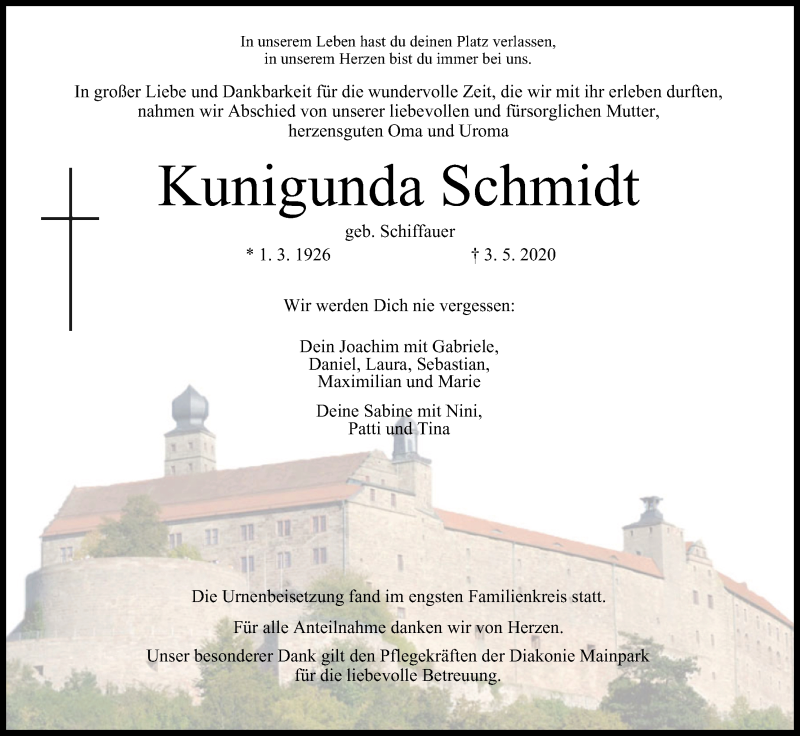  Traueranzeige für Kunigunda Schmidt vom 23.05.2020 aus MGO