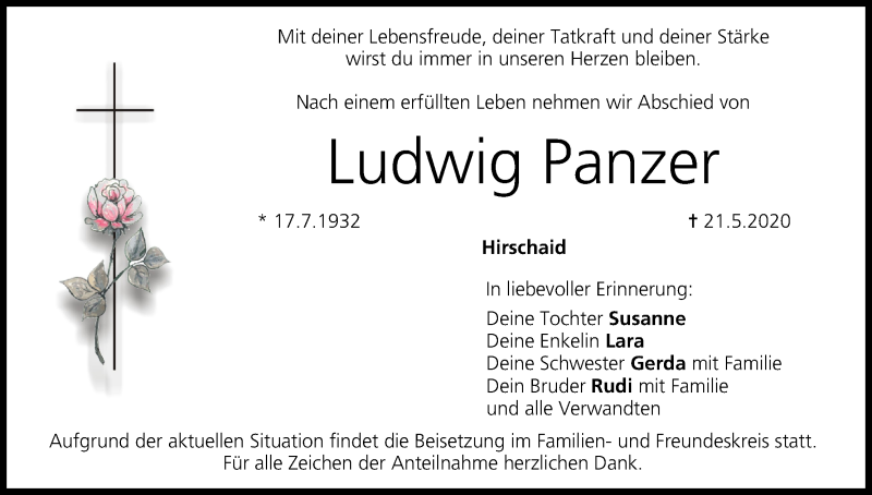  Traueranzeige für Ludwig Panzer vom 25.05.2020 aus MGO