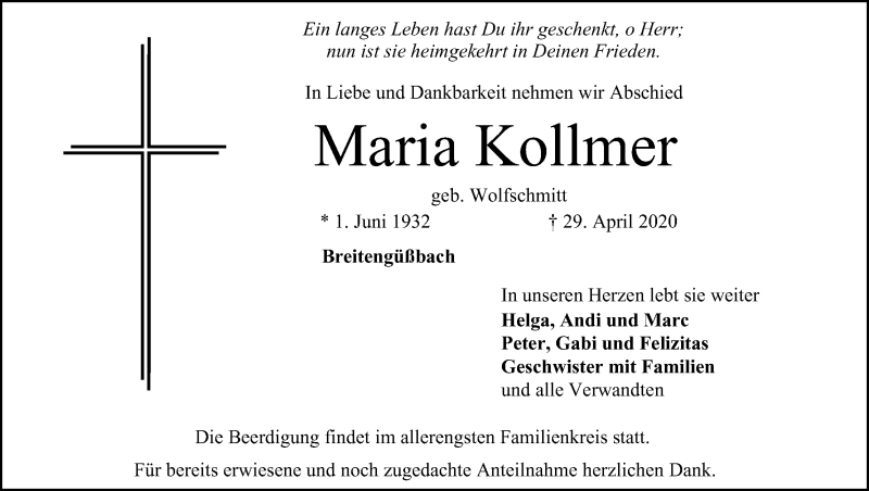  Traueranzeige für Maria Kollmer vom 01.05.2020 aus MGO
