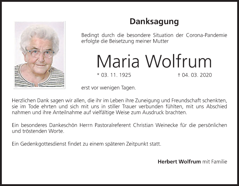  Traueranzeige für Maria Wolfrum vom 30.05.2020 aus MGO