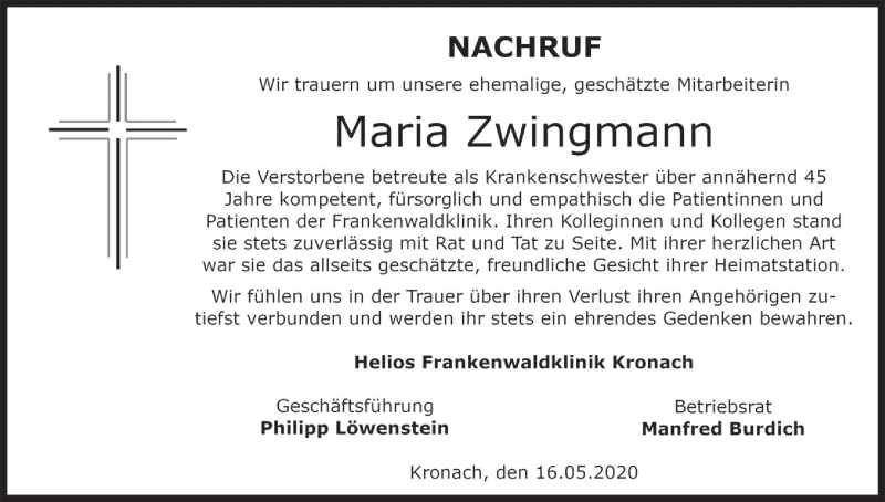  Traueranzeige für Maria Zwingmann vom 16.05.2020 aus MGO