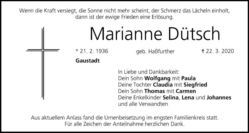  Traueranzeige für Marianne Dütsch vom 16.05.2020 aus MGO