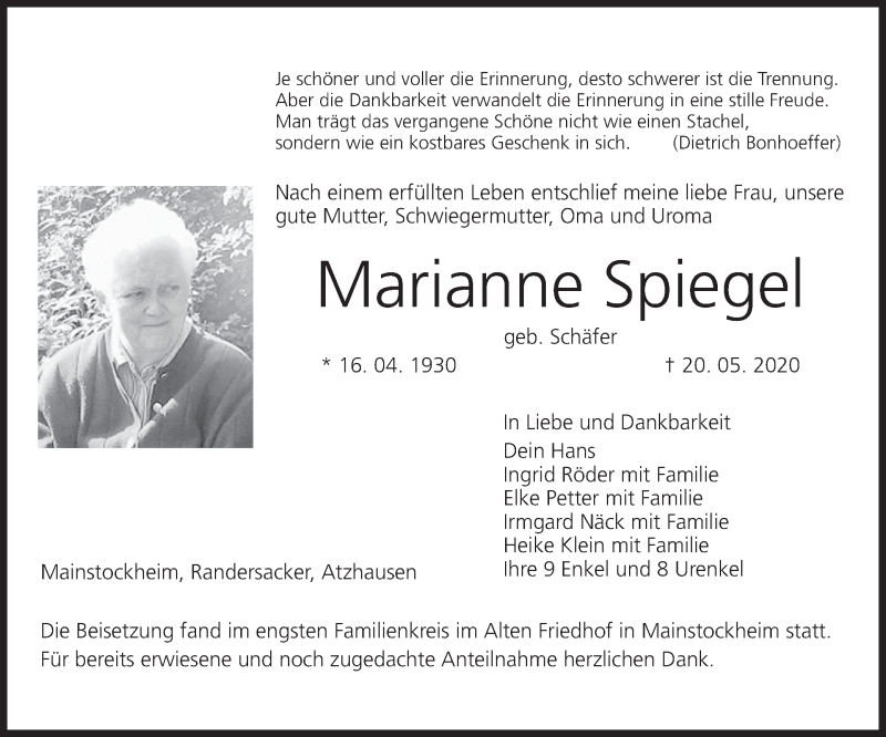  Traueranzeige für Marianne Spiegel vom 30.05.2020 aus MGO