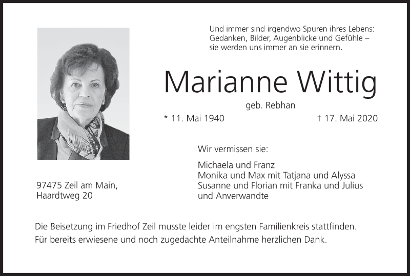  Traueranzeige für Marianne Wittig vom 30.05.2020 aus MGO