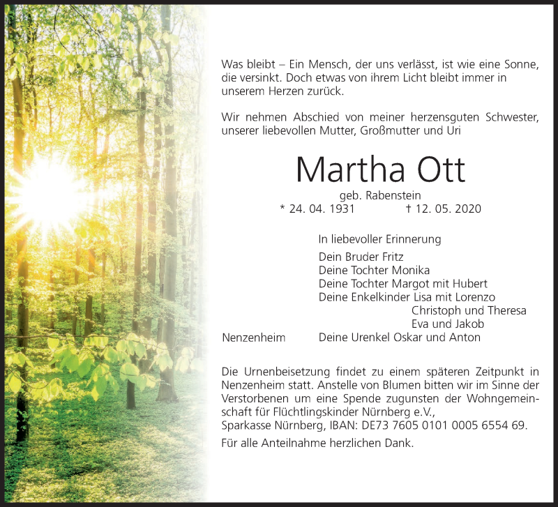  Traueranzeige für Martha Ott vom 23.05.2020 aus MGO