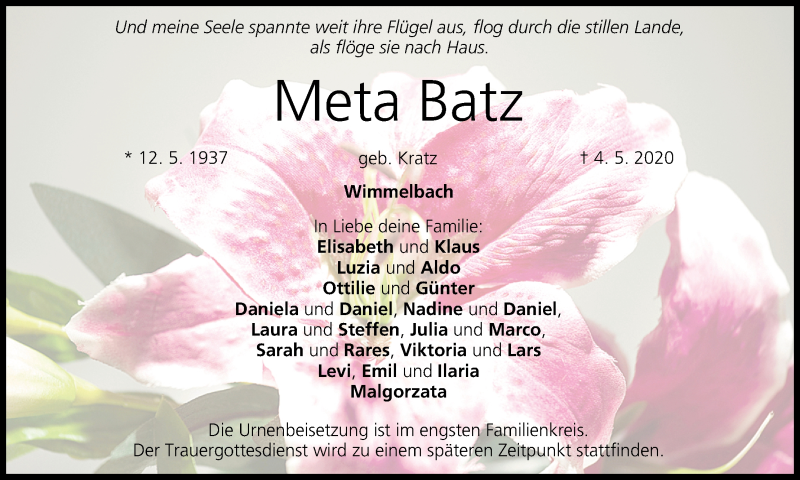  Traueranzeige für Meta Batz vom 11.05.2020 aus MGO