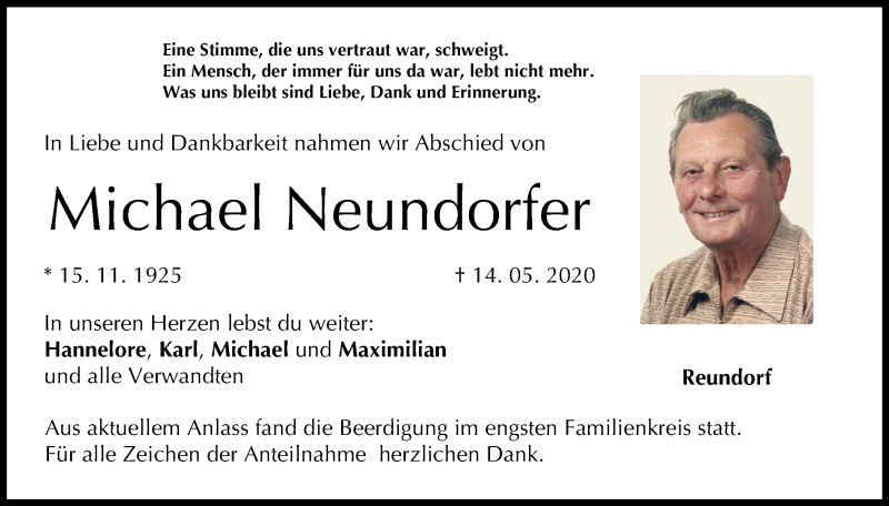  Traueranzeige für Michael Neundorfer vom 21.05.2020 aus MGO