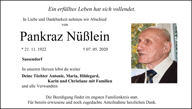  Traueranzeige für Pankraz Nüßlein vom 09.05.2020 aus MGO