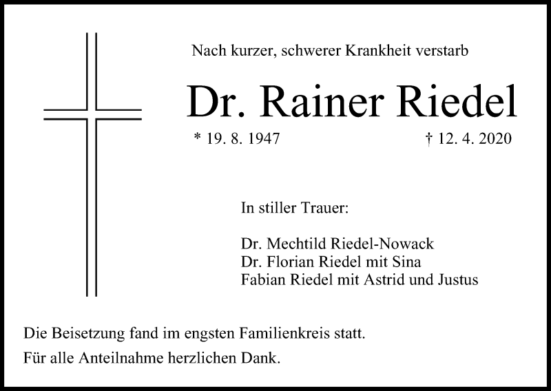  Traueranzeige für Rainer Riedel vom 09.05.2020 aus MGO
