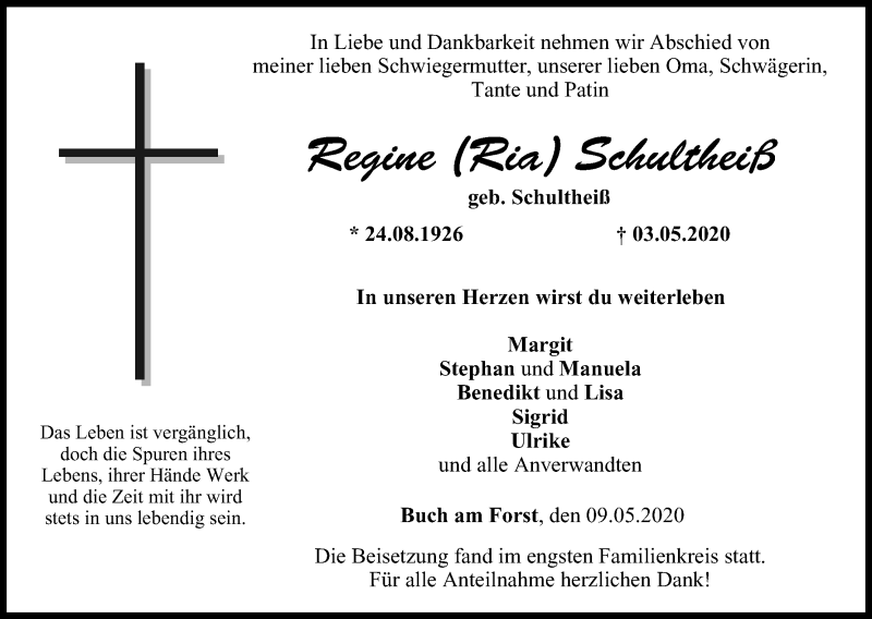  Traueranzeige für Regine Schultheiß vom 09.05.2020 aus MGO