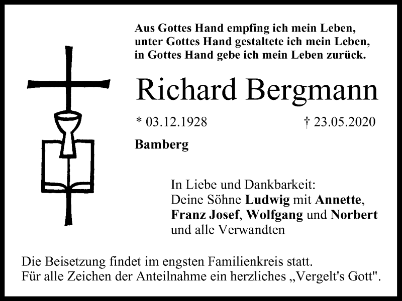  Traueranzeige für Richard Bergmann vom 30.05.2020 aus MGO
