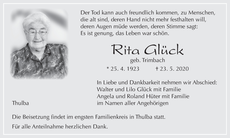  Traueranzeige für Rita Glück vom 30.05.2020 aus MGO