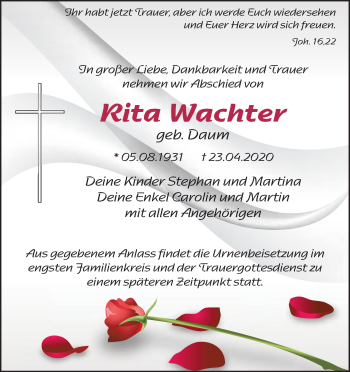Anzeige von Rita Wachter von MGO