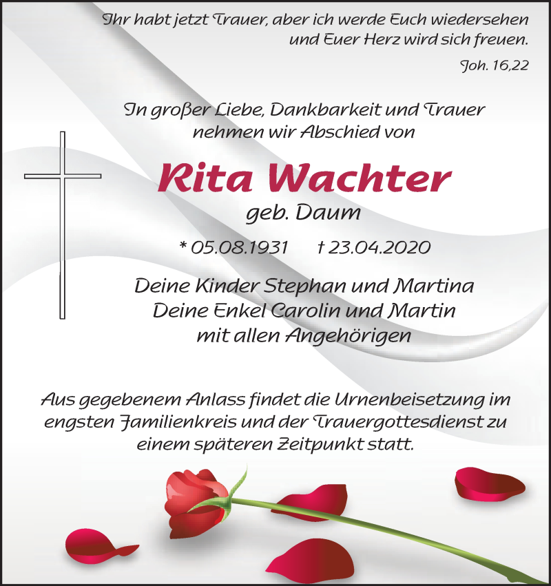  Traueranzeige für Rita Wachter vom 01.05.2020 aus MGO