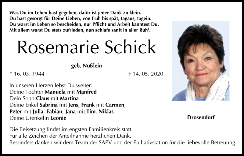  Traueranzeige für Rosemarie Schick vom 16.05.2020 aus MGO