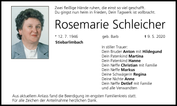Anzeige von Rosemarie Schleicher von MGO