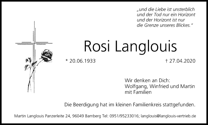  Traueranzeige für Rosi Langlouis vom 01.05.2020 aus MGO
