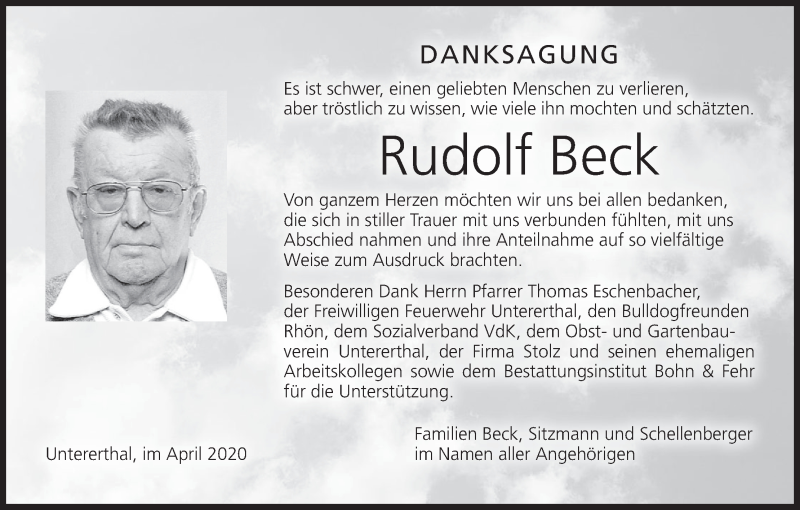  Traueranzeige für Rudolf Beck vom 16.05.2020 aus MGO