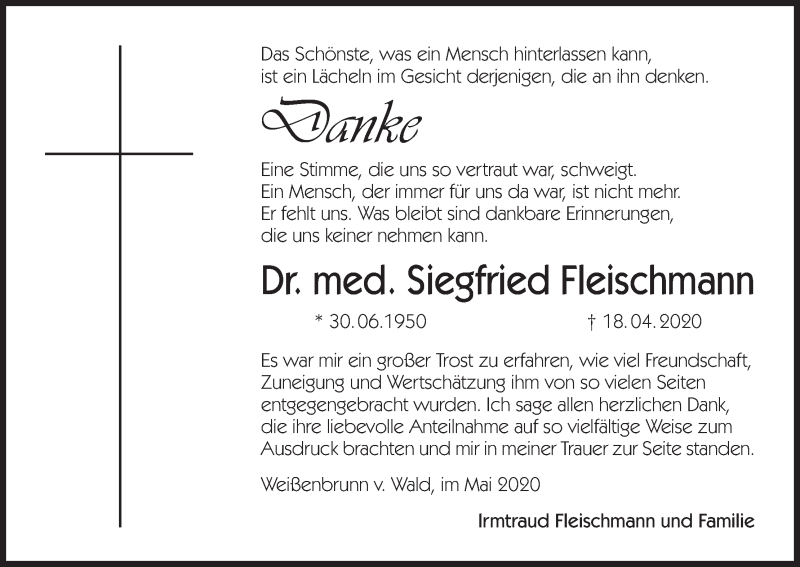  Traueranzeige für Siegfried Fleischmann vom 30.05.2020 aus MGO