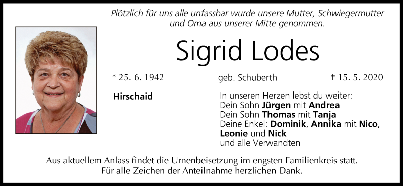  Traueranzeige für Sigrid Lodes vom 23.05.2020 aus MGO