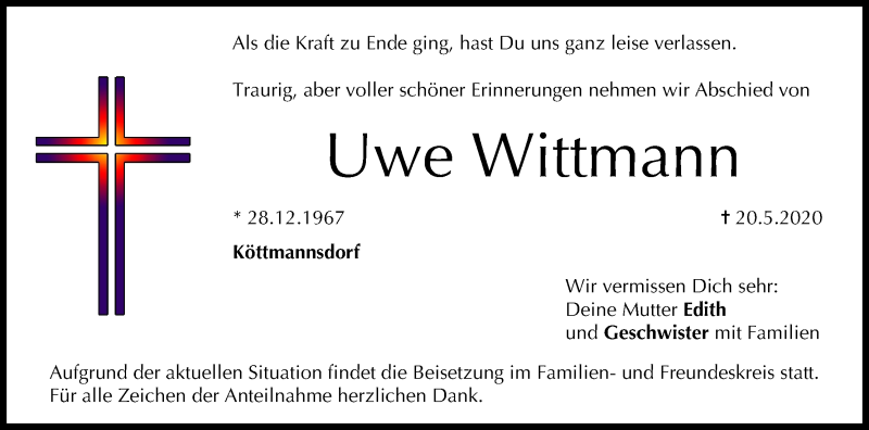 Traueranzeige für Uwe Wittmann vom 25.05.2020 aus MGO