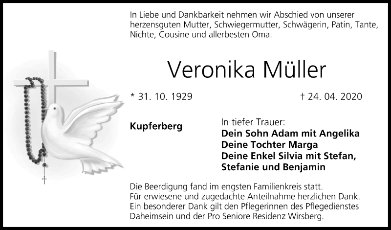  Traueranzeige für Veronika Müller vom 01.05.2020 aus MGO