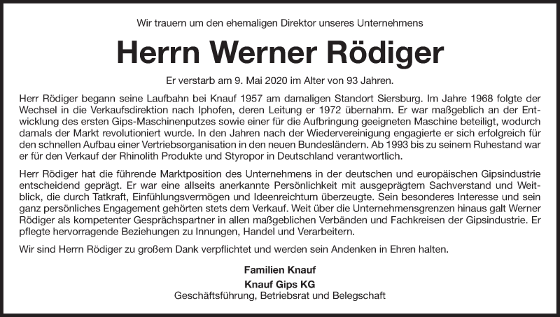 Traueranzeige für Werner Rödiger vom 16.05.2020 aus MGO