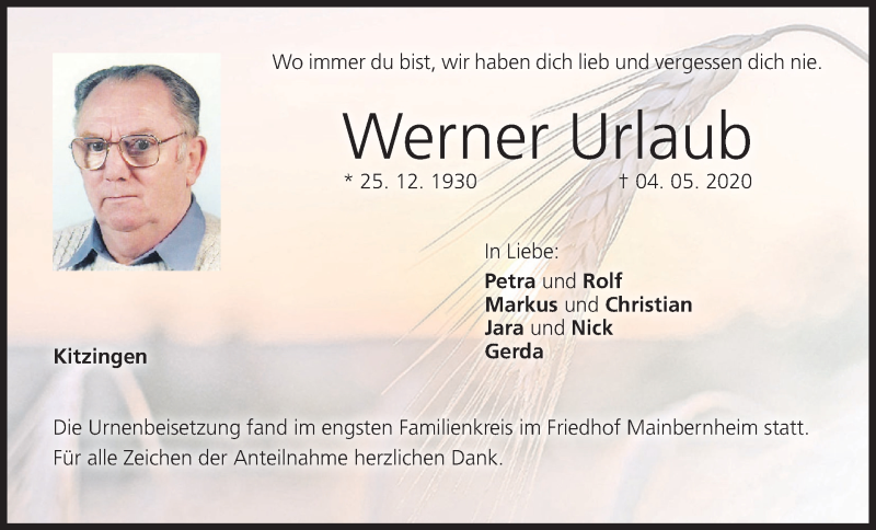  Traueranzeige für Werner Urlaub vom 23.05.2020 aus MGO
