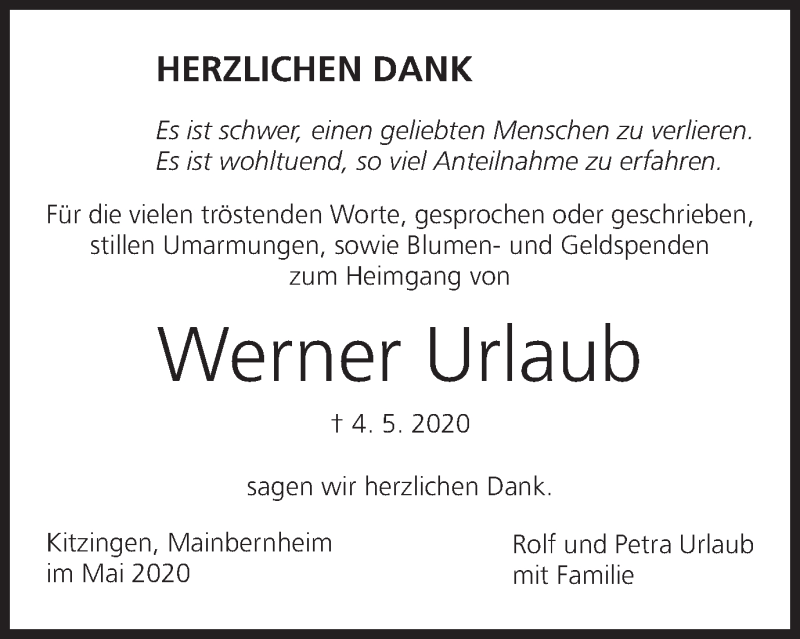  Traueranzeige für Werner Urlaub vom 30.05.2020 aus MGO