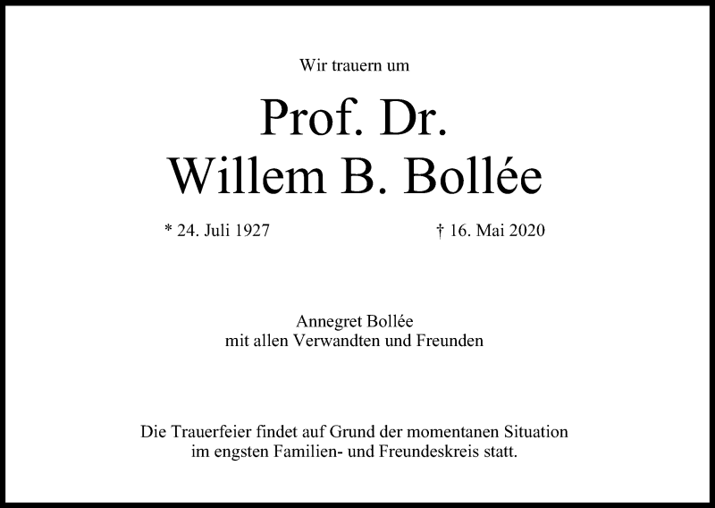  Traueranzeige für Willem B. Bollée vom 23.05.2020 aus MGO