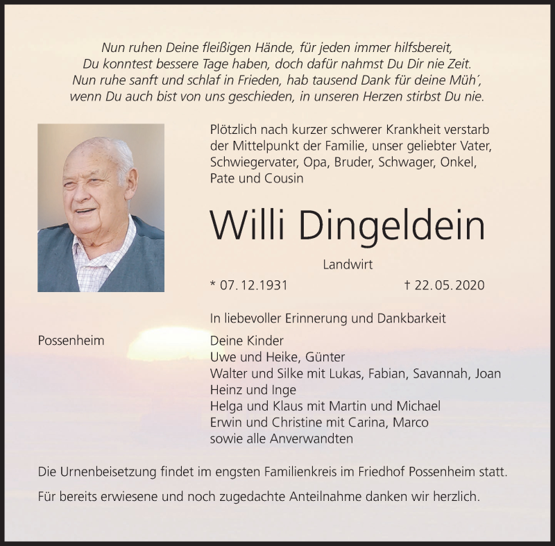  Traueranzeige für Willi Dingeldein vom 30.05.2020 aus MGO