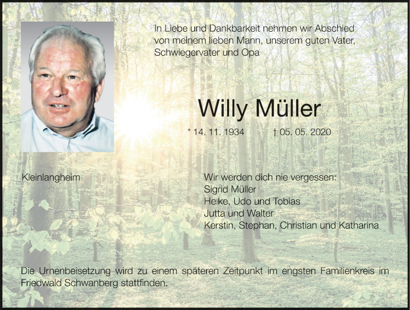  Traueranzeige für Willy Müller vom 09.05.2020 aus MGO