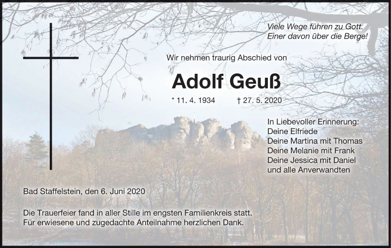  Traueranzeige für Adolf Geuß vom 06.06.2020 aus MGO